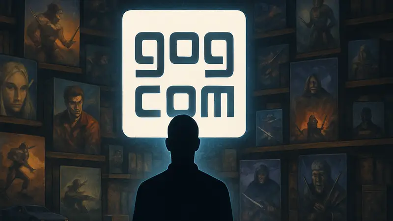 Логотип GOG на фоне старых компьютерных игр, символизирующий сохранение игрового наследия.