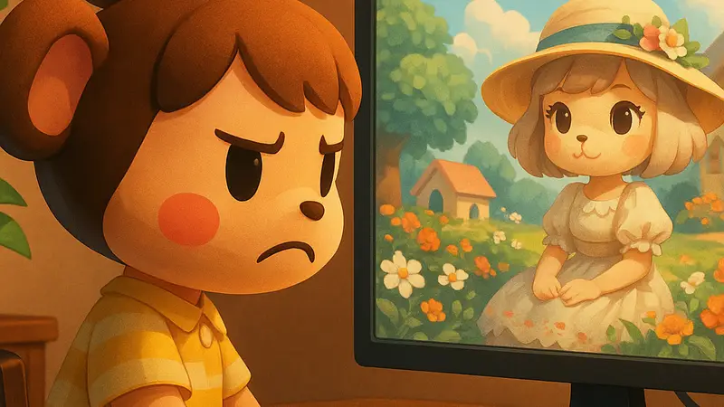 Персонаж Animal Crossing, смотрящий на экран с ИИ-сгенерированным изображением