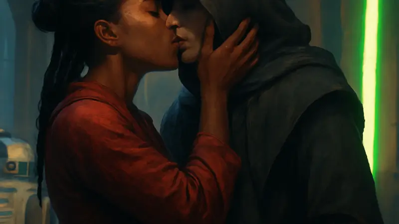Концепт-арт вырезанной сцены поцелуя из отменённого сериала «Звёздные войны: Аколит», показывающий двух персонажей.