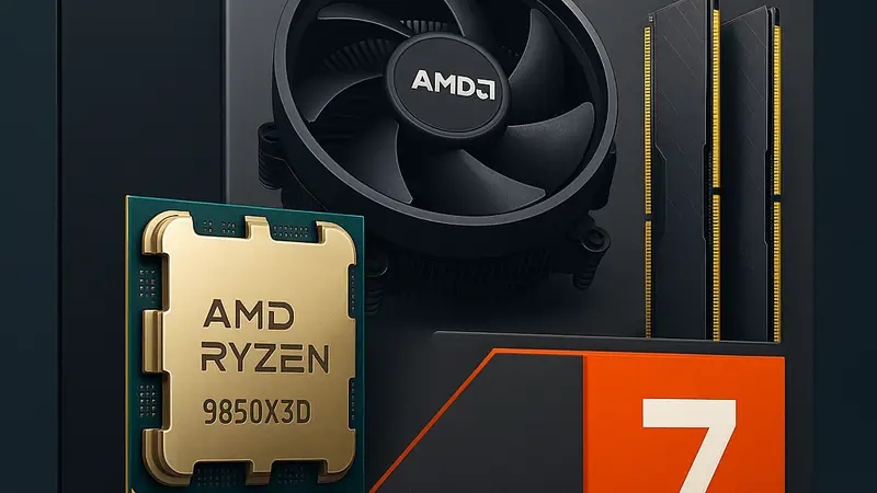 Упаковка комплекта AMD Ryzen 7 9850X3D с изображением процессора, кулера и модулей памяти DDR5, раскрывающая детали утечки.