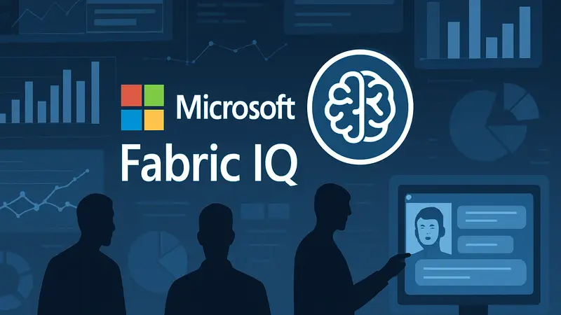 Логотип Microsoft Fabric IQ на фоне графиков данных и ИИ-интерфейсов
