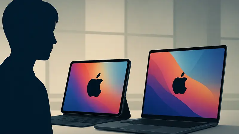 Изображение демонстрирует новые модели iPad Pro и MacBook Pro от Apple в минималистичном дизайне.