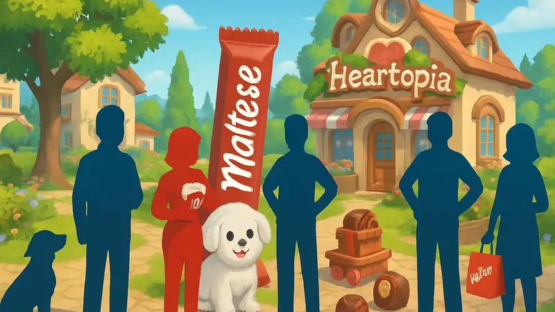 Скриншот из игры Heartopia с новыми персонажами и предметами коллаборации с Maltese.