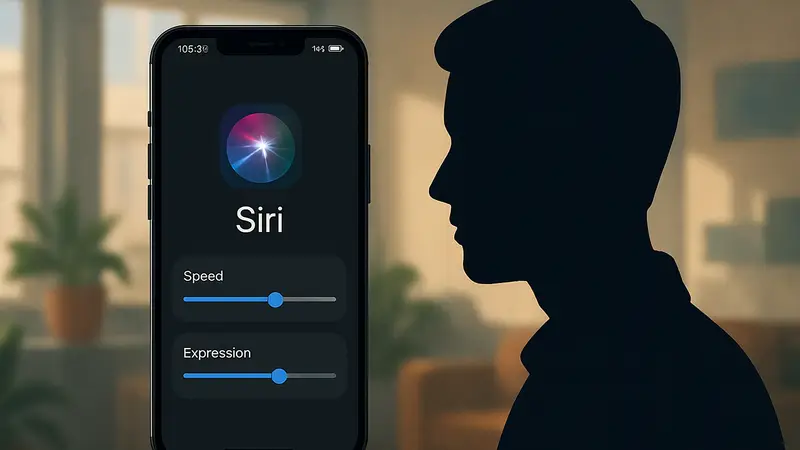 Экран смартфона с интерфейсом Siri на iOS 27, демонстрирующий настройки скорости речи и выразительности.