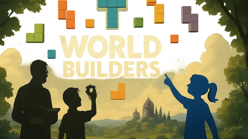 Логотип мультсериала Tetris: World Builders с падающими блоками и персонажами, вдохновляющими на обучение.