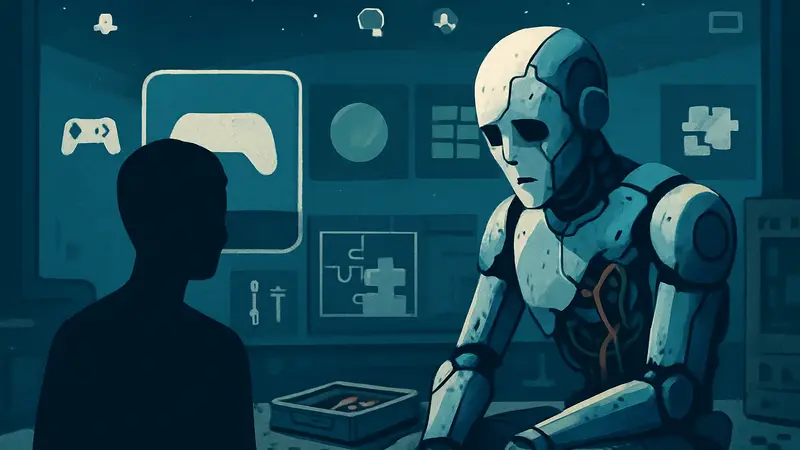 Ломаный андроид из игры Save My Scrap на фоне lo-fi интерфейса PlayStation 5 с элементами головоломки.