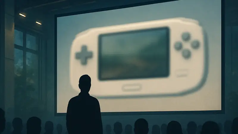 Размытый тизер портативной консоли Ayaneo KONKR Pocket Advance, напоминающей Game Boy Advance.
