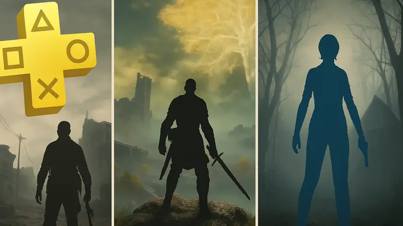 Логотип PlayStation Plus Extra с изображением трёх новых игр, одна из которых — масштабная RPG с открытым миром.