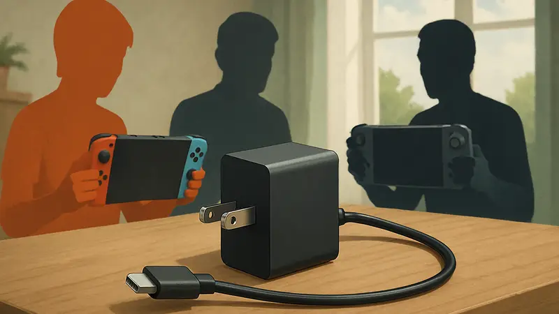 Изображение универсального зарядного устройства для Nintendo Switch 2, Steam Deck и первой Switch.