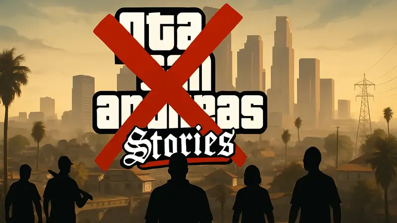 Логотип глобального мода GTA San Andreas Stories на фоне Лос-Сантоса, символизирующий закрытие проекта