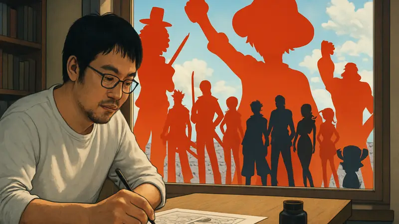 Эйитиро Ода, создатель One Piece, пишет за столом, на заднем плане Луффи и его команда.