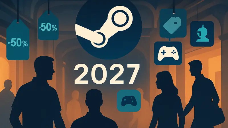 Расписание распродаж Steam 2027: логотип Steam, иконки скидок и игр