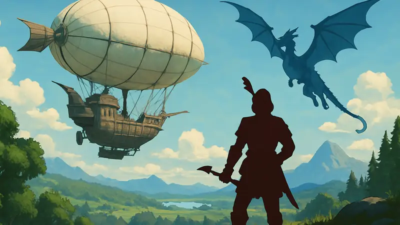 Изображение дирижабля, дракона и персонажа из игры Guardians of the Wild Sky на фоне открытого мира.