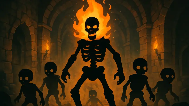 Обложка игры Skull Horde, показывающая огненного скелета с миньонами на фоне подземелья.