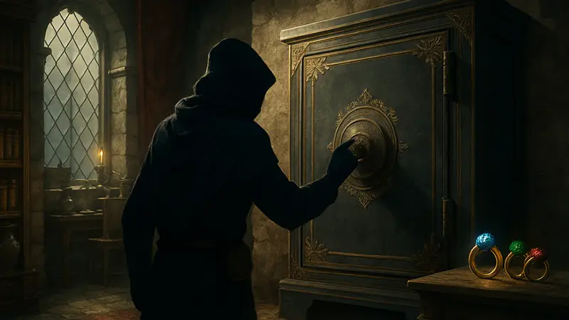 Игровой момент из Crimson Desert с сейфом в поместье Виндмер и магическими кольцами