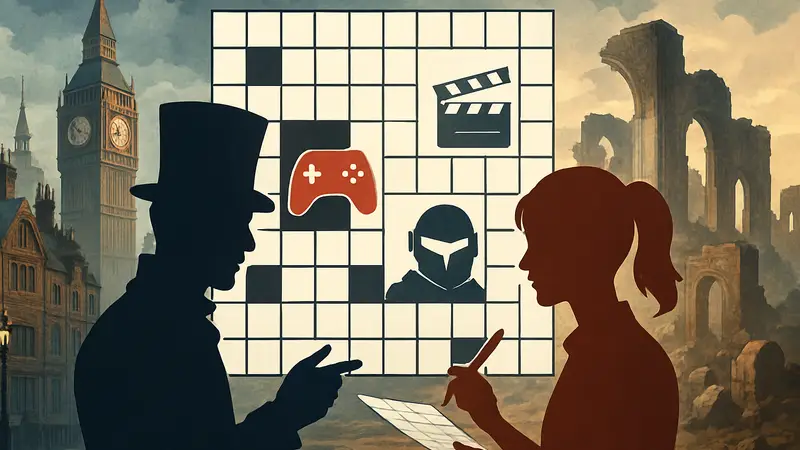 Кроссворд GameRant с игровыми вопросами и элементами кино, на фоне викторианского Лондона и руин.