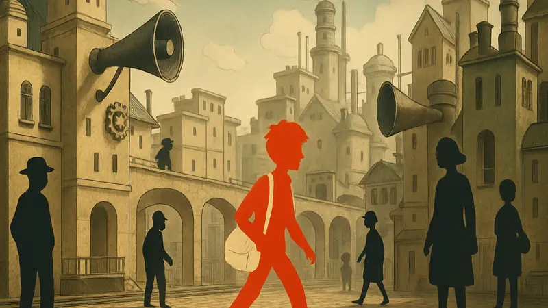 Скриншот из игры Phonopolis, демонстрирующий стилизованную антиутопическую среду с необычными персонажами.