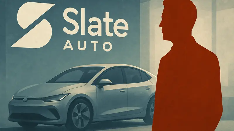 Логотип Slate Auto на фоне схематичного изображения электромобиля и Питера Фэриси.