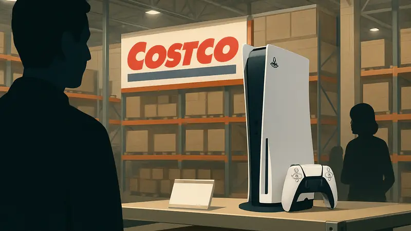 Консоль PlayStation 5 на полке магазина Costco с ценником и логотипом.