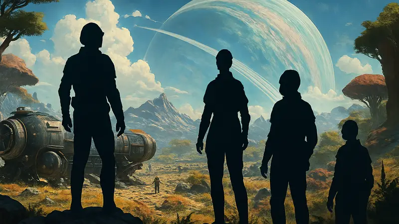 Кадр из игры The Outer Worlds, демонстрирующий персонажей и научно-фантастический мир.