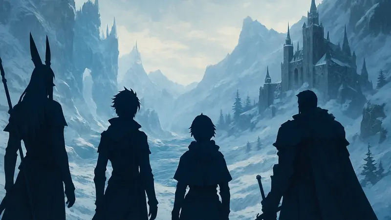 Персонажи Final Fantasy XIV на фоне заснеженных локаций расширения Evercold