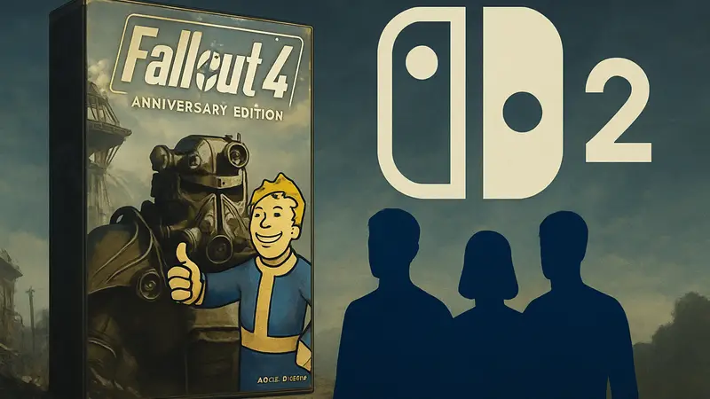 Обложка Fallout 4 Anniversary Edition на фоне логотипа Nintendo Switch 2.