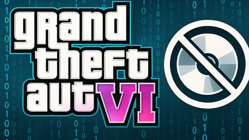 Логотип GTA 6 на фоне цифровых символов, указывающих на отсутствие физических носителей