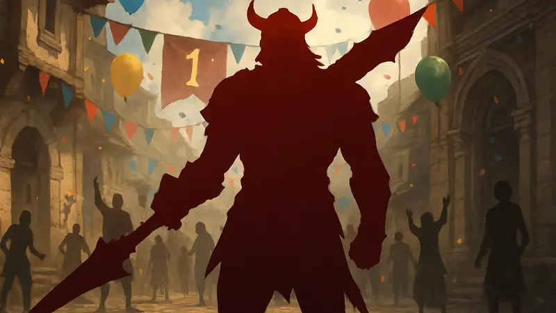 Изображение главного героя First Berserker: Khazan на фоне празднования годовщины.