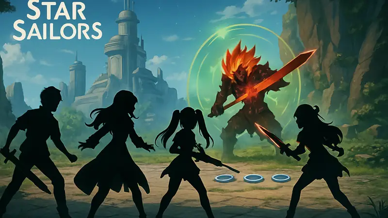Постер или скриншот игры Star Sailors с аниме-персонажами в бою, показывающий пошаговую RPG.