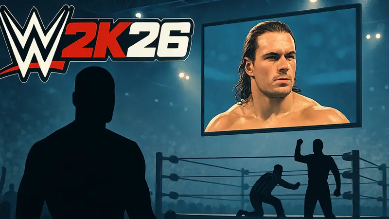 Логотип WWE 2K26 и скриншот рестлера, показывающий улучшения после патча 1.05