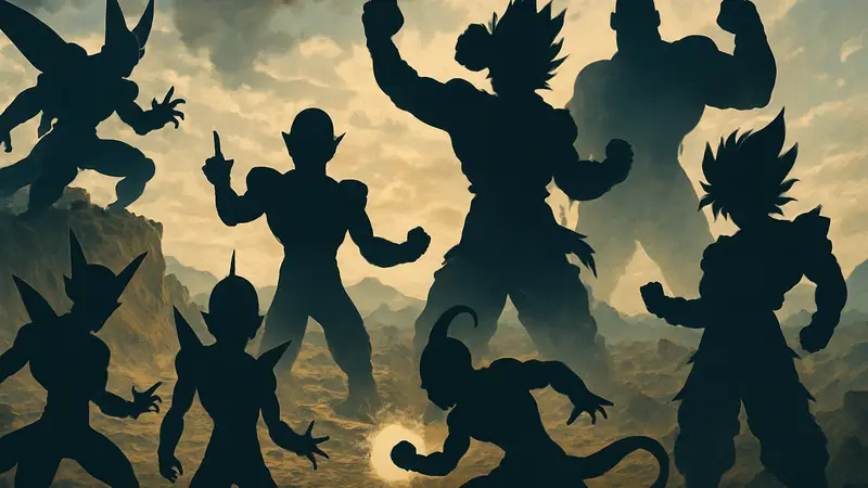 Несколько известных злодеев Dragon Ball в эпичной позе, демонстрирующие свои способности.