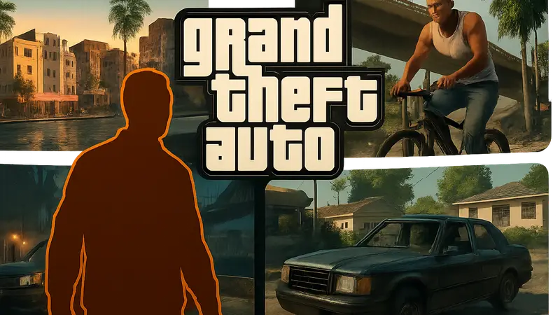 Логотип Grand Theft Auto: The Trilogy – The Definitive Edition на фоне скриншотов из игры