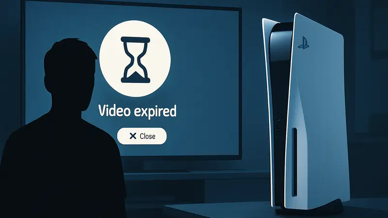 Игровая приставка PlayStation 5 на фоне экрана с сообщением об ошибке или истечении срока действия цифровой игры.