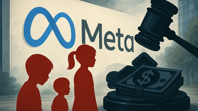 Логотип Meta и символическое изображение штрафа за нарушение безопасности детей