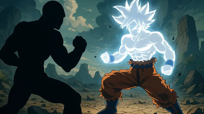 Гоку в трансформации Ультра Инстинкт из Dragon Ball Super сражается