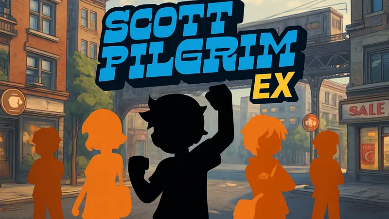 Логотип игры Scott Pilgrim EX на фоне персонажей, доступной в Steam.