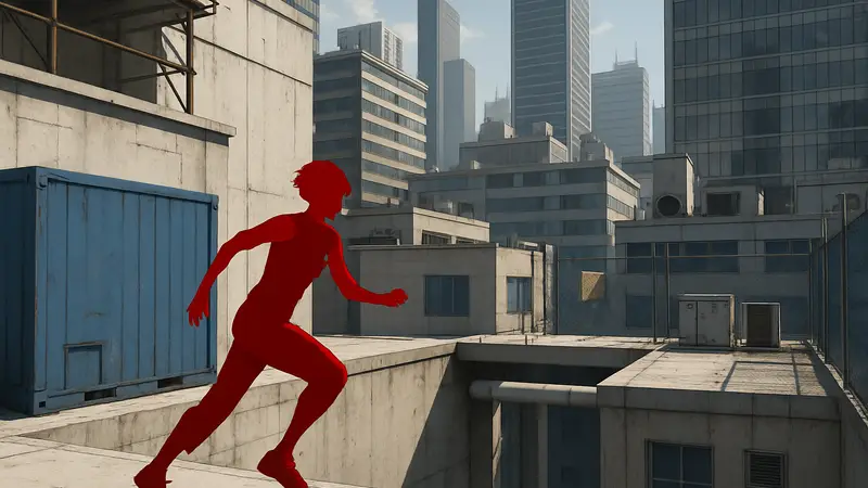 Кадр из раннего прототипа Mirror's Edge, демонстрирующий "сырой" геймплей и окружение.
