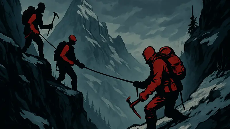 Альпинисты на горе в стиле игры Darkest Dungeon, скриншот Ascenders: Beyond the Peak