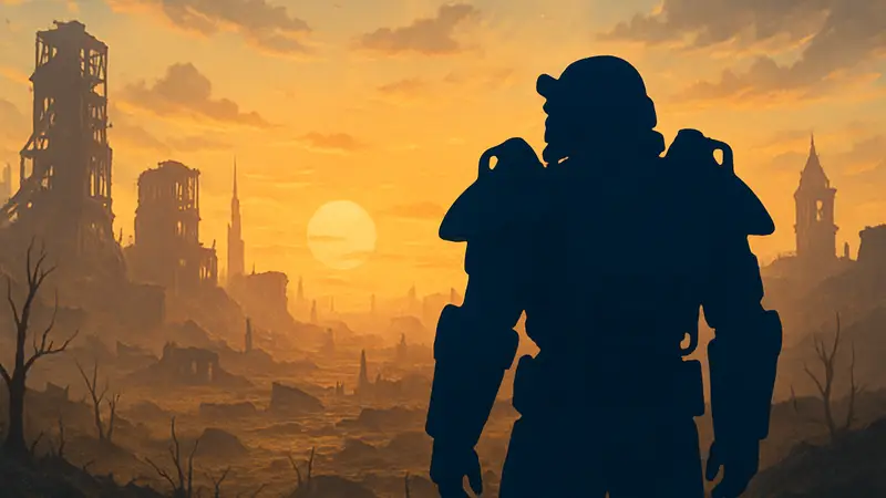 Игрок в броне смотрит на закат в Пустоши Fallout 4, на фоне видны разрушенные здания.