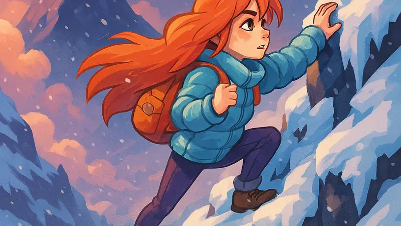 Главная героиня Мэделин из игры Celeste, карабкающаяся по заснеженной горе.