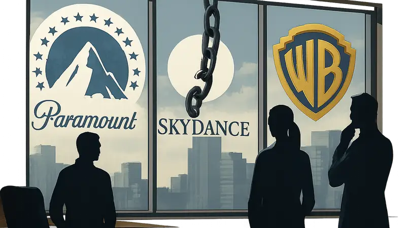 Логотипы Paramount Pictures, Skydance Media и Warner Bros. Discovery, символизирующие отложенное слияние компаний