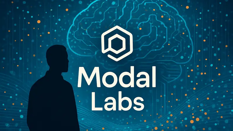 Логотип Modal Labs на фоне абстрактного изображения, символизирующего искусственный интеллект и большие данные