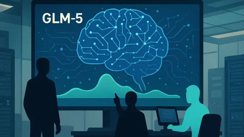 Схематичное изображение большой языковой модели GLM-5 от z.ai, демонстрирующей низкий уровень галлюцинаций и технологию RL 'slime'.