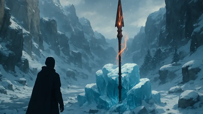Копье Души в Crimson Desert, окруженное льдом и снегом в Аргентовых Пиках
