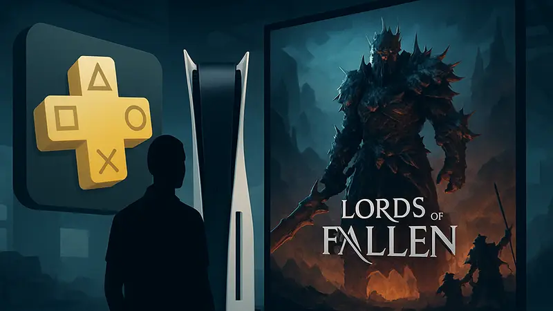 Логотип PS Plus Essential и игра Lords of the Fallen на PlayStation 5, апрель 2026.