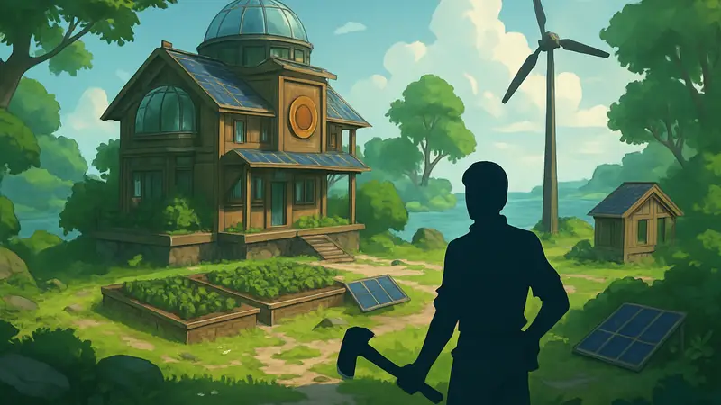 Solarpunk: скриншот игрового процесса, строительство базы на стартовом острове.