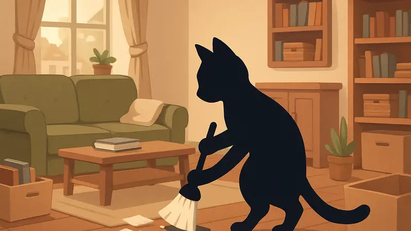 Игровой скриншот Oragnized Inside с милым котом, наводящим порядок в уютной комнате.