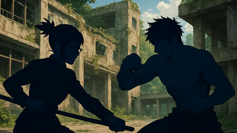 Изображение Маки Зенин и Тодзи Фушигуро из Jujutsu Kaisen, демонстрирующих свои физические способности