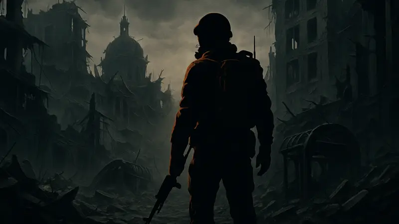 Темная иллюстрация постапокалиптического мира Metro 2039 с главным героем, на фоне разрушений