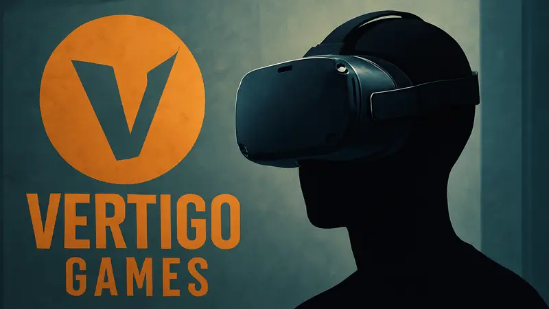 Шлем виртуальной реальности на фоне логотитипа Vertigo Games